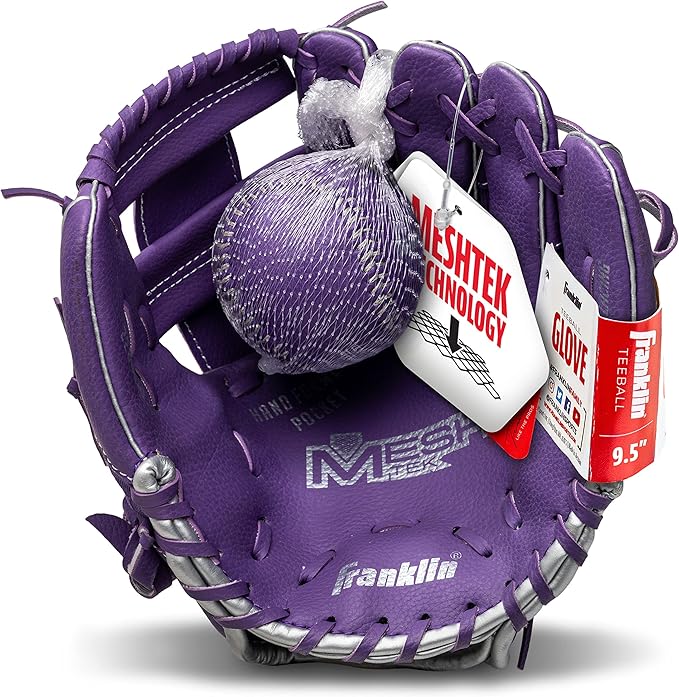 Franklin Sports Kids Baseball Glove + Foam Ball Sets - Meshtek Youth Teeball Gloves for Kids + Toddlers - Left + Right Hand Throw - 9.5" Inch