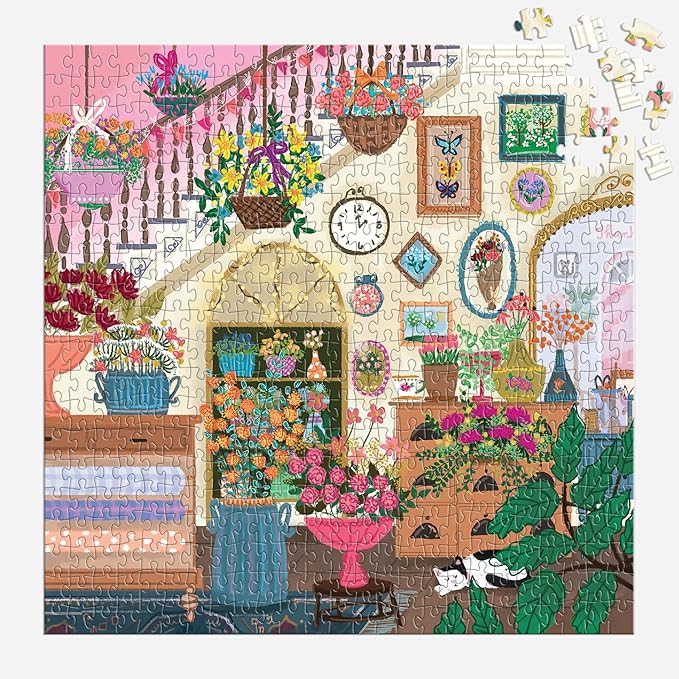 Galison Joy Laforme Flower Shop β 500 Piece Unique House Shaped Puzzle with Dreamy and Springtime Artwork of A Cozy Flower Shop