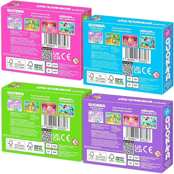 QUOKKA Puzzles for Toddlers 3-5 – Shimmer 4-Pack 30 Pieces Puzzles for Kids Ages 2-4 - Fairy Tale Jigsaw Set with Princess Unicorns for Kids 4-6 Years, Gift for 3 Year-Old Boy Girl, FSC Certified Toy