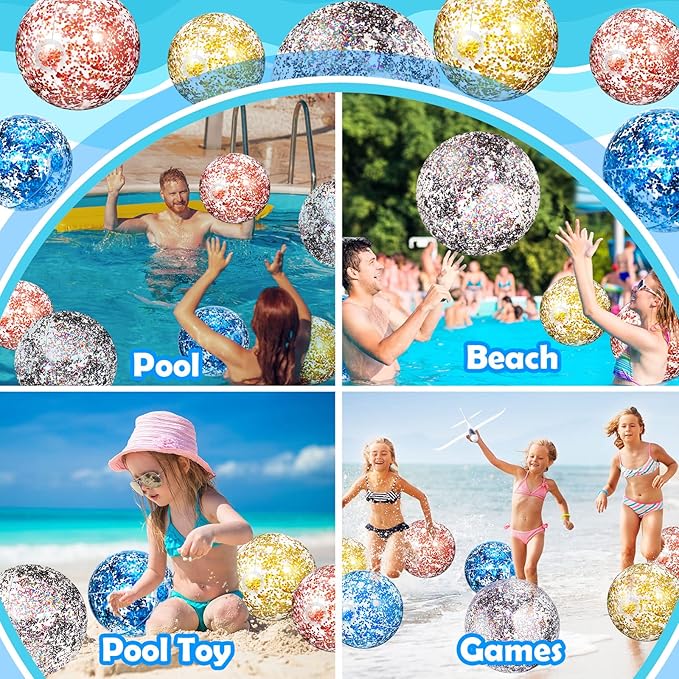 Lewtemi 12 Pcs Inflatable Glitter Beach Balls 16 Inch 24 Inch Shiny Giant Confetti Balls Swimming Pool Beach Blow up Balloon for Outdoor Summer Party Wedding Decor(Gold, Rose Gold, Purple)
