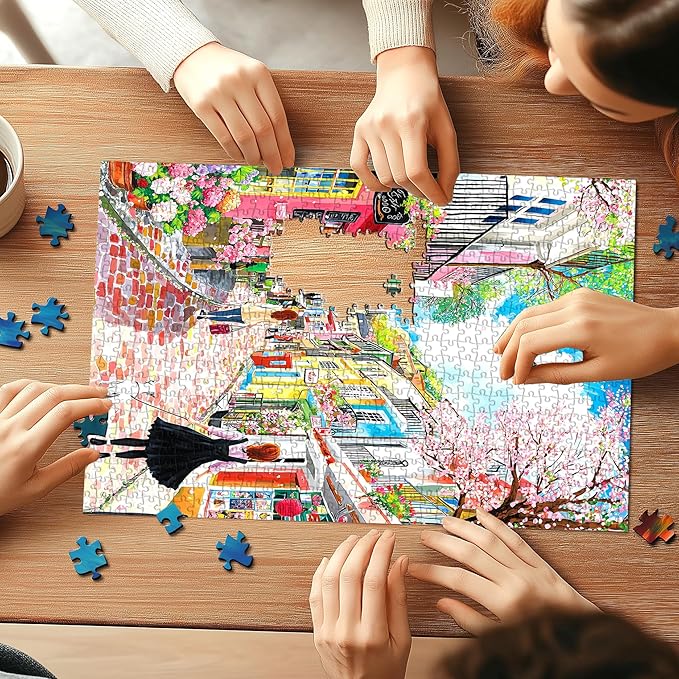 Spring Cherry Blossom Street 500 Piece Jigsaw Puzzles for Adults Colorful European Scene Pink Town Jigsaw Puzzles with Letters on Back for Perfect Family Challenge Game Nights (23"X15")