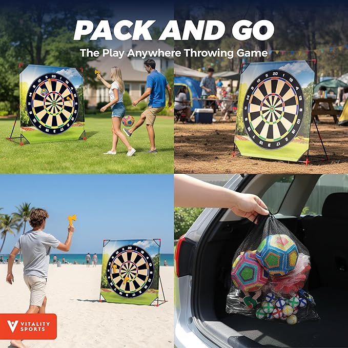 Vitality Sports Golf Chipping Game with Stand - Golf Target Battle Games with Putting Mat, 12 Sticky Balls, 6 Axes, 2 Soccer Balls, 8 Bean Bags, Axe Throwing Game for Backyard