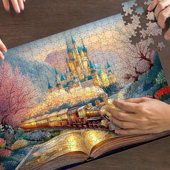 Puzzles for Adults 500 Pieces, Train Jigsaw Puzzles - Train of Fantasy, Impossible Glass Castle Puzzle for Seniors Families, 20.47x14.96 Inches, 1:1 Poster, Letter On The Back