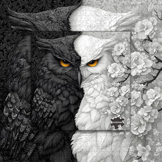 Yin Yang Owl Puzzle for Adults 1000 Pieces,Black and White Puzzles Owl Flowers, Impossible Difficult Hard Bird Jigsaw Puzzle, Animal Floral Art Challenge Puzzle Aesthetic