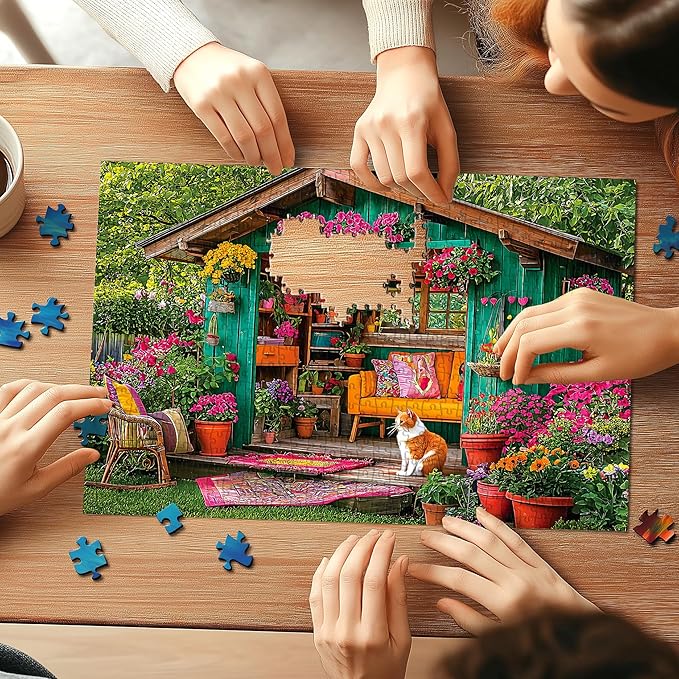 Flower House 500 Piece Puzzle for Adults Colorful Garden Shed Cat Jigsaw Puzzles with Letters on Back Perfect Family Challenge for Game Nights(23"X15")