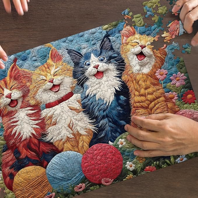 Puzzles for Adults 500 Pieces - Joyful Cat, Quilted Patchwork Artwork Style, Impossible Cat Jigsaw Puzzles, Finished Size 20.47 * 14.96”, with 1:1 Poster, Letter on The Back