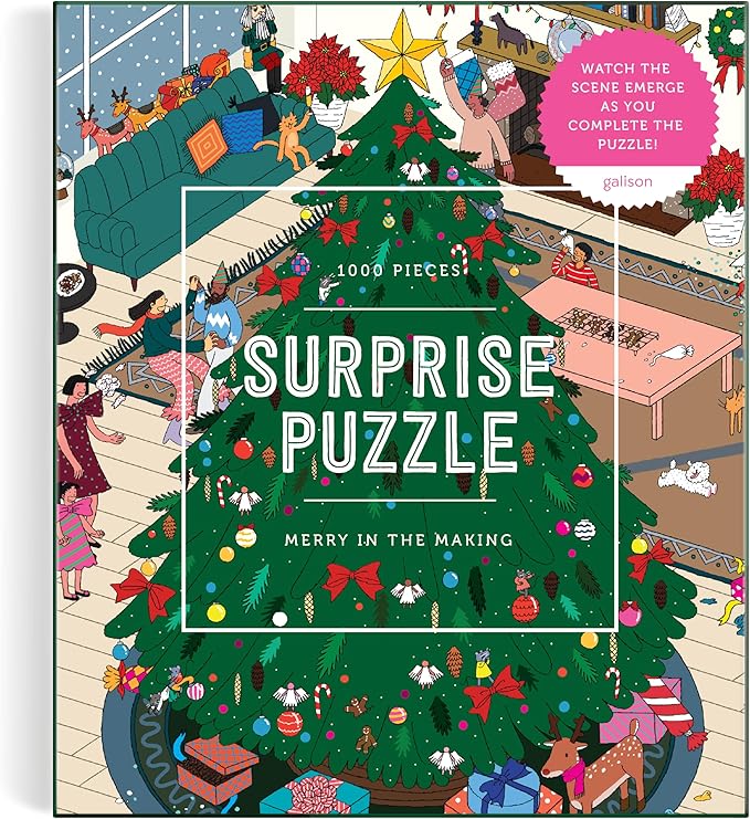 Galison Merry in The Making – 1000 Piece Surprise Jigsaw Puzzle Featuring A Holiday Party Surprise Illustration