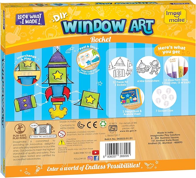 Imagimake Window Art for Kids - Rocket | Suncatcher Kits for Boys, Arts and Crafts for Ages 5-8 | Toys for Boys & Girls | Easter Gifts for 5,6,7,8,9,10,11,12 Years Old Boys & Girls | Birthday Gifts