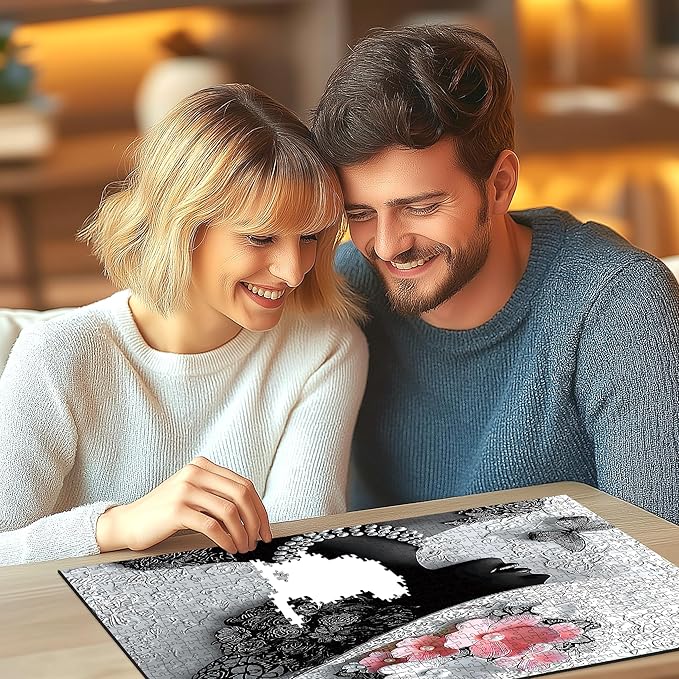 Elegant Woman with Floral Hat 500 Piece Jigsaw Puzzle for Adults, Black and White with Pink Flowers, 20 x 20 Inches Vintage Artwork for Home Decor, Perfect for Stress Relief