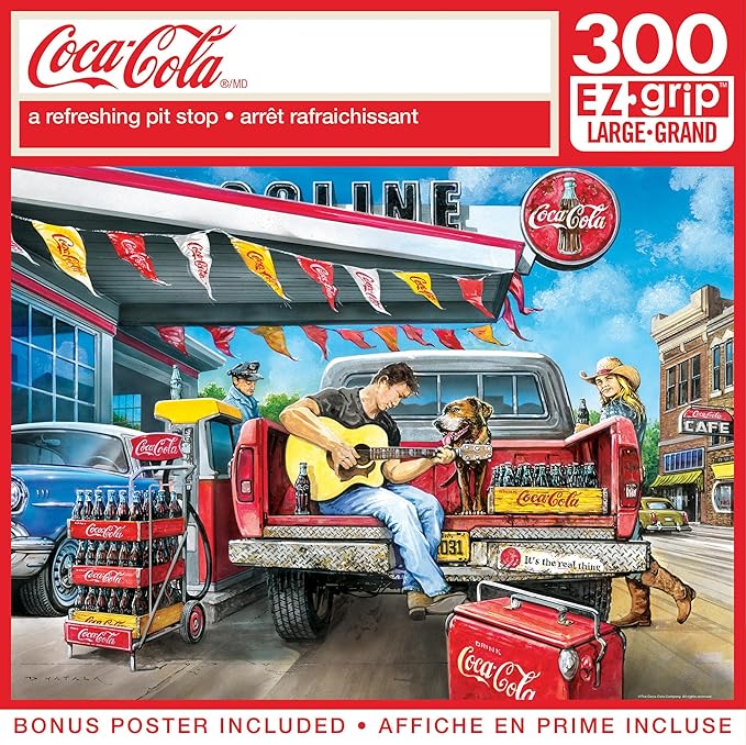 Masterpieces Coca-Cola Jigsaw Puzzle - 300 Piece EZ Grip - a Refreshing Pit Stop - 18"x24" - Adult Puzzle - Coca-Cola Puzzles for Adults