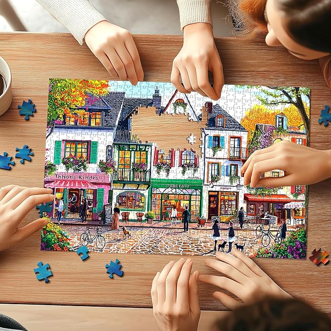 European Street Scene 1000 Piece Jigsaw Puzzle for Adults Seniors Colorful Buildings Autumn Tree Jigsaw Puzzle with Letters on Back Framable Puzzles for Perfect Family Game Night(27.6"x19.7")