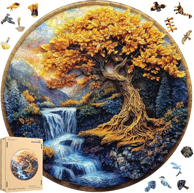 Qiuenisray Wooden Puzzles for Adults, Tree of Life Waterfall River Jigsaw Puzzles 200 Piece, FSC Certified Unique Shape Puzzles Piece, Wall Decor Wood Puzzle Creative Gift for Family Game 11.2x11.2 in