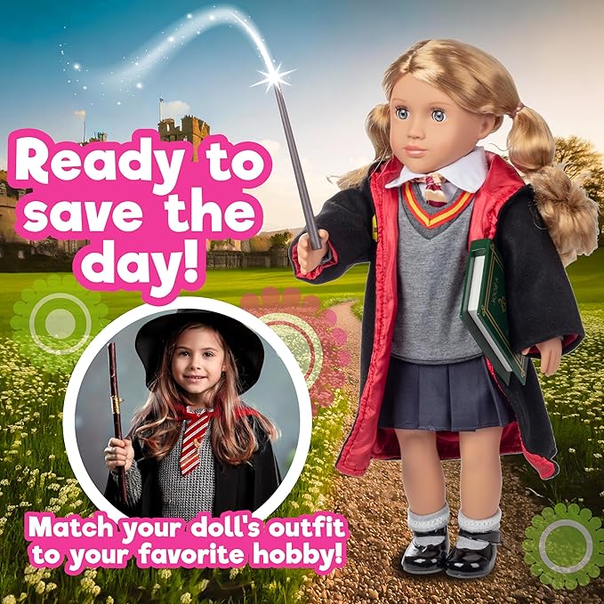 Deluxe 11pc Hermione Granger Inspired 18" Doll Outfit-Compatible w American Girl Outfit & Accessories Set w Robe, Wand, Book, Sweater, Shirt, Skirt, Socks, Shoes & Tie- Perfect Easter Basket Stuffer