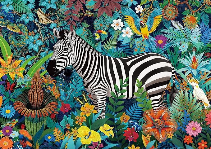 Strayed Zebra Jigsaw Puzzle 1000 Pieces for Adults – Tropical Rainforest Animal Puzzle with Macaw, Toucan, Butterflies & Flowers, Colorful Art Puzzle for Gift, Family Fun & Home Decor, Hipazous