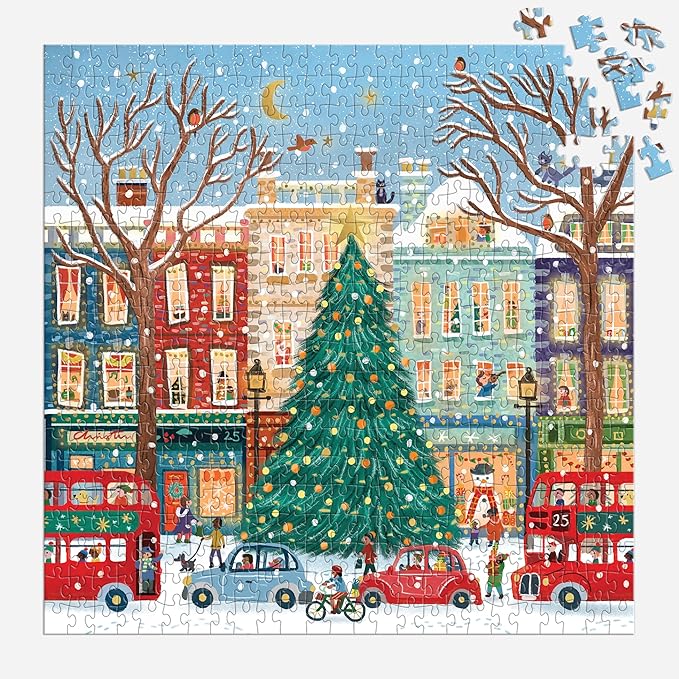 Galison Tinsel City – 500 Piece Foil Jigsaw Puzzle Featuring Charming Artwork of Decorated Christmas Tinsel City Streets
