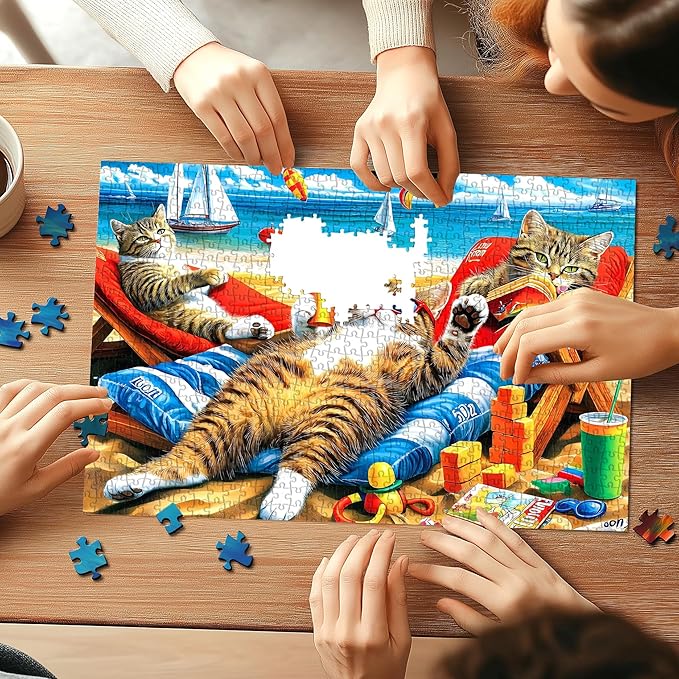 Vibrant Beach Jigsaw Puzzle for Adults 1000 Piece, Funny Cats Summer Vacation Scene, 27.56x19.69 Inches, Stress Relief & Home Decor, Entertaining Challenge