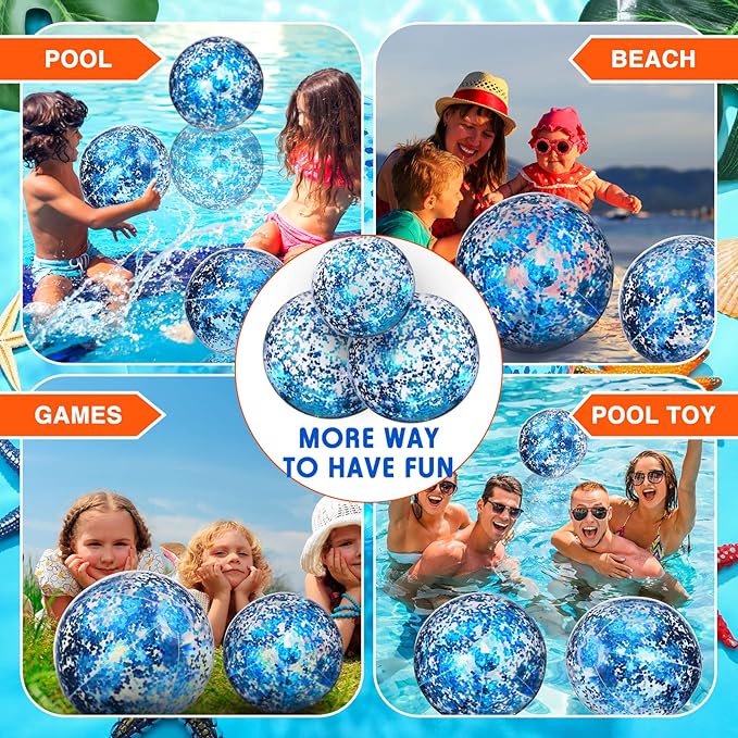 Lewtemi 12 Pcs Inflatable Glitter Beach Balls 16 Inch 24 Inch Shiny Giant Confetti Balls Swimming Pool Beach Blow up Balloon for Outdoor Summer Party Wedding Decor(Blue)