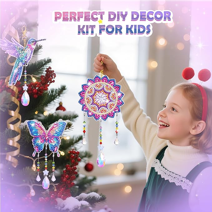 Crafts for Girls 8-12, Diamond Art Kits for Girls Ages 10-12, 3 PCS Diamond Art, DIY Suncatchers & Wind Chime Kits for Kids, Great Arts & Crafts Birthday Gift, Pretty Home/Garden/Backpack décor