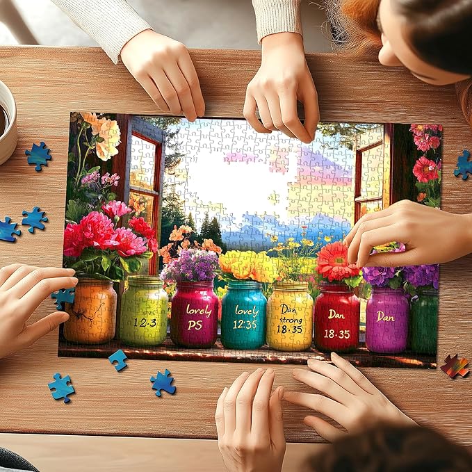 1000 Piece Jigsaw Puzzle for Adults, Colorful Mason Jars with Flowers and Sunset Mountain Landscape, 27x19 Inches Decorative Wall Artwork, Ideal for Stress Relief