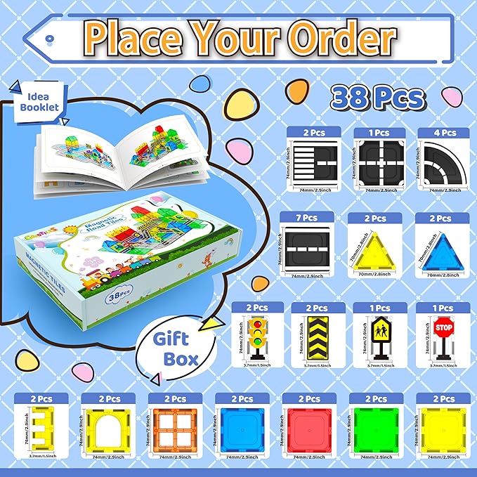 Magnetic Tiles - Road Set, Magnetic Building Blocks, Preschool Montessori Toys Gift for 3+ Year Old Boys and Girls, Sensory Christmas Toys for Kids Aged 3-5 and 4-8, Ideas for Toddler with Autism