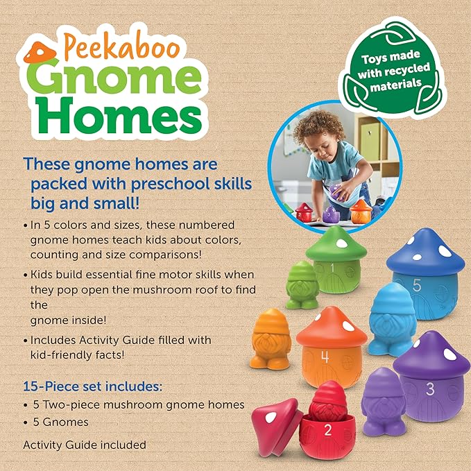 Learning Resources Peekaboo Gnome Homes - Sorting Toys for Toddlers, Colors and Size Recognition, Fine Motor Skills, Montessori Preschool Counting, Educational Activities, Gifts for Boys and Girls