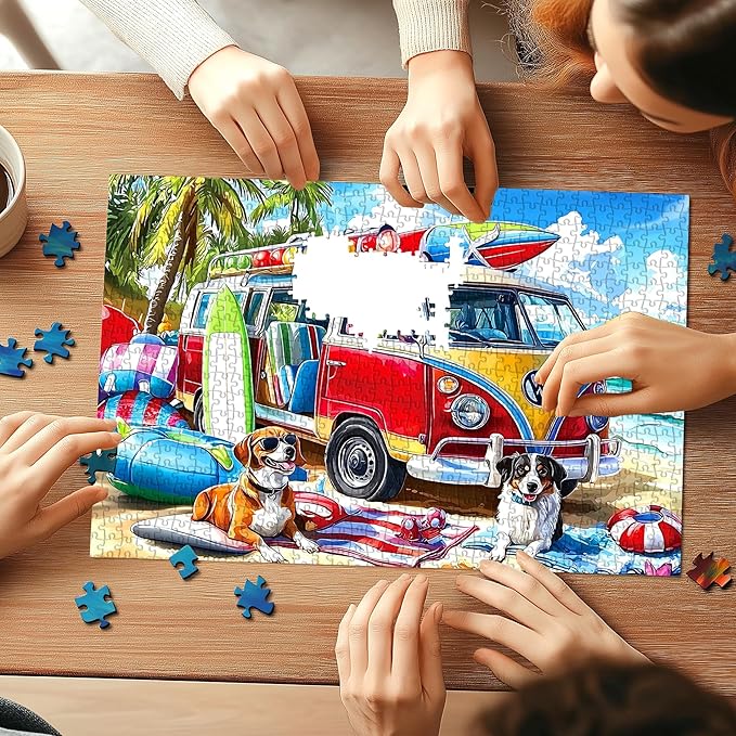 1000 Piece Jigsaw Puzzle for Adults, Summer Beach Van with Dogs Theme, 27.56x19.69 Inches, Stress Relief & Home Decor