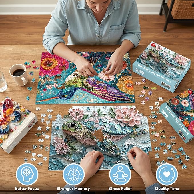 3 Pack 500 Piece Puzzles for Adults, Colorful Butterfly Flower Turtle Hummingbird Puzzle for Adults Seniors, Unique Jigsaw Puzzle, Challenging Family Games Gifts for Friends Men Women 20.5 * 15In