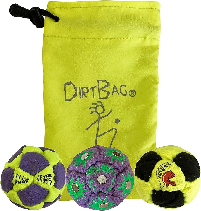 DIRTBAG Lover Footbag 3-Pack with Pouch, Includes Three Original and Unique Premium Quality Hand Sewn Footbags and Carry Pouch.