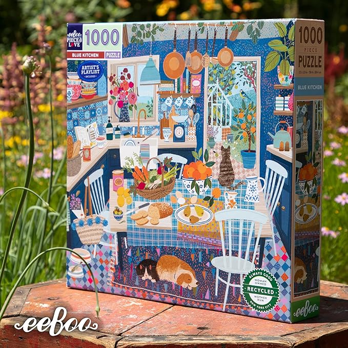 eeBoo 1000 Piece Puzzle - Blue Kitchen Jigsaw Puzzle for Adults, Square 23" x 23" Made with Recycled Board & Vegetable-Based Ink