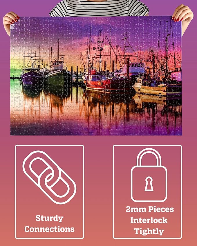 1000 Piece Puzzle for Adults - Scenic Harbor with Colorful Boats, Gift-Ready Box, Letters on Back, 8 Puzzle Saver Sheets & Full-Size Poster by GERJATO - Ideal Gift for Loved Ones