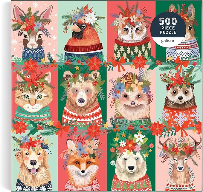 Galison Furry and Bright – 500 Piece Jigsaw Puzzle Featuring Adorable Portraits of Furry Friends Festooned for The Holidays