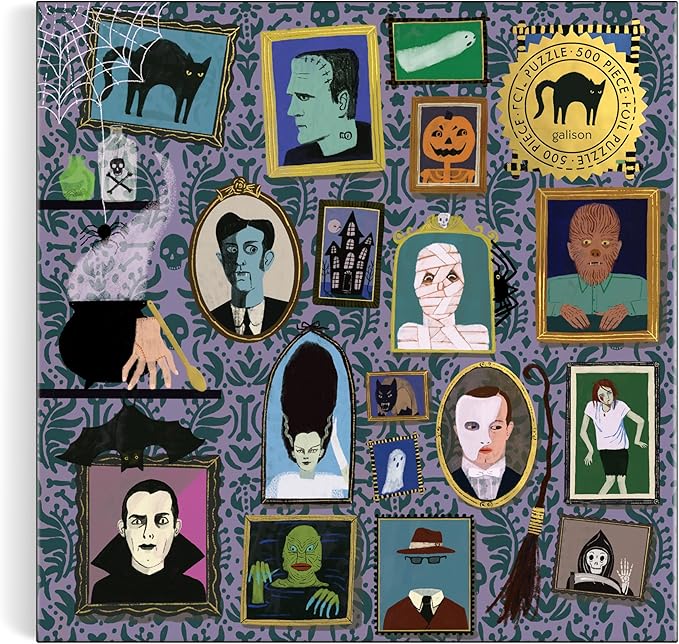 Galison Spooky Portraits – 500 Piece Foil Jigsaw Puzzle Featuring Scary Artwork of A Victorian Style Wall Filled Spooky Portraits with Gold Foil Accents