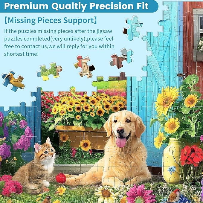 500 Piece Animal Farm Puzzle for Adults, Spring Flowers Jigsaw Puzzle, 500 Piece Dog and Cat Puzzle as Home Decor, Friends Family Activity Game Nights Gifts, 20.5×15 in