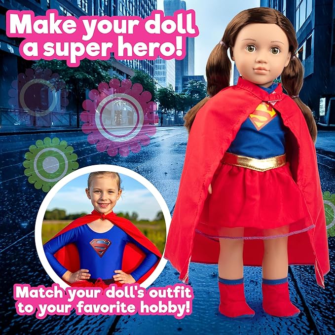 Dress Along Dolly 3pc Super Hero Girl 18" Doll Outfit-Compatible with American Girl- Premium Handmade Clothes & Accessories Set Includes Dress, Shoes, Cape- Movie and Comics Gift