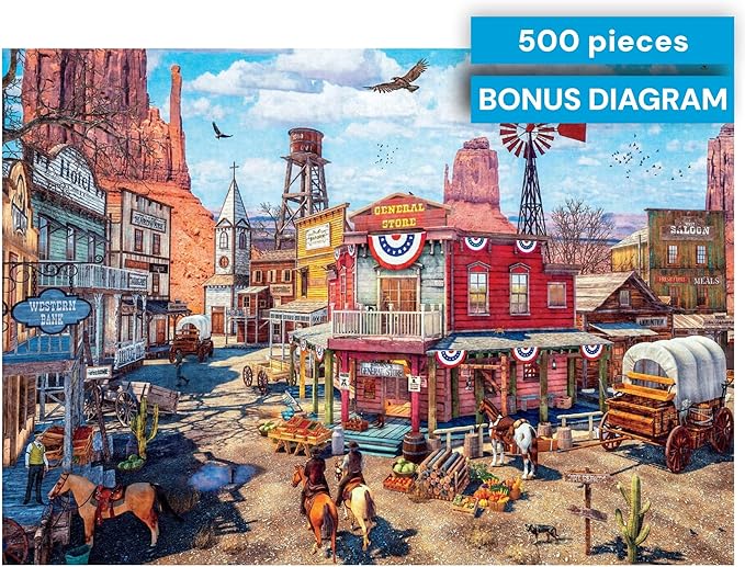 Buffalo Games Old Western Town - Dominic Davison - 500 Piece Jigsaw Puzzle for Adults - Challenging Vintage Western Art with Bonus Diagram - Country Life Collection - Made in the USA