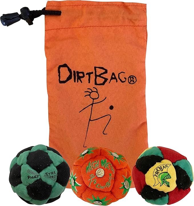DIRTBAG Lover Footbag 3-Pack with Pouch, Includes Three Original and Unique Premium Quality Hand Sewn Footbags and Carry Pouch.