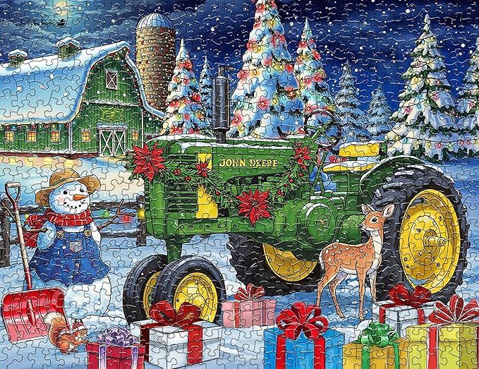 Springbok Festive Farm Surprise 500 Piece Jigsaw Puzzle for Adults - John Deere Christmas - Unique Cut Pieces - Made in USA