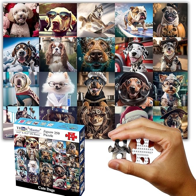 Think2Master Cute Dogs 250 Pieces Jigsaw Puzzle Featuring heartwarming Puppies and Dogs. Great Puzzle. Great Gift. Large Pieces. Size: 14.2” X 19.3”