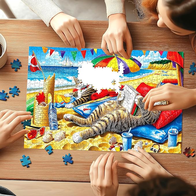1000 Piece Beach Cats Jigsaw Puzzle for Adults, Colorful Summer Beach Scene with Kittens, 27.56x19.69 Inches, Relaxing Activity & Decoration