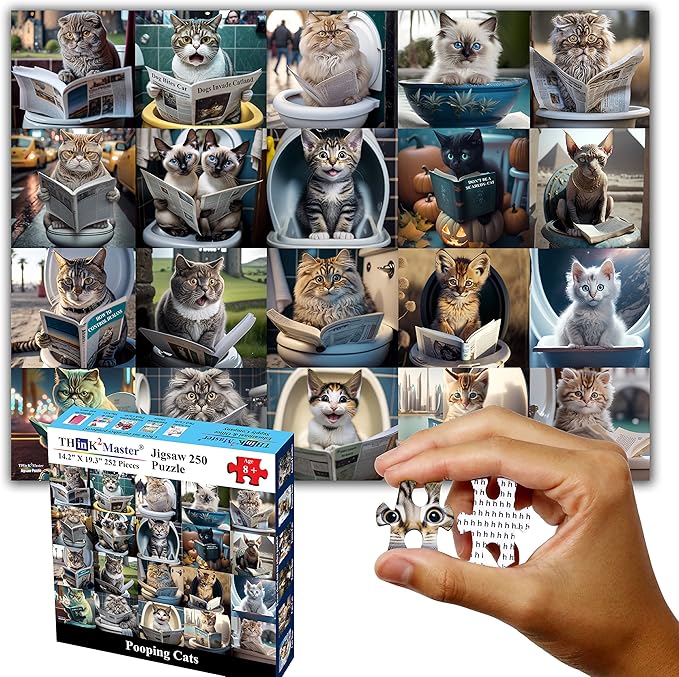 Think2Master Pooping Cats 250 Pieces Jigsaw Puzzle Featuring heartwarming Kittens and Cats. Perfect Bathroom Decoration, White Elephant Gag Gift. Fun Puzzle for Adults & Teens. Size: 14.2” X 19.3”