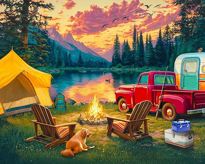 Springbok Camping at the Lake 1000 Piece Jigsaw Puzzle for Adults – Poster Now Included - Outdoor Cabin – Unique Cut Pieces – Made in USA