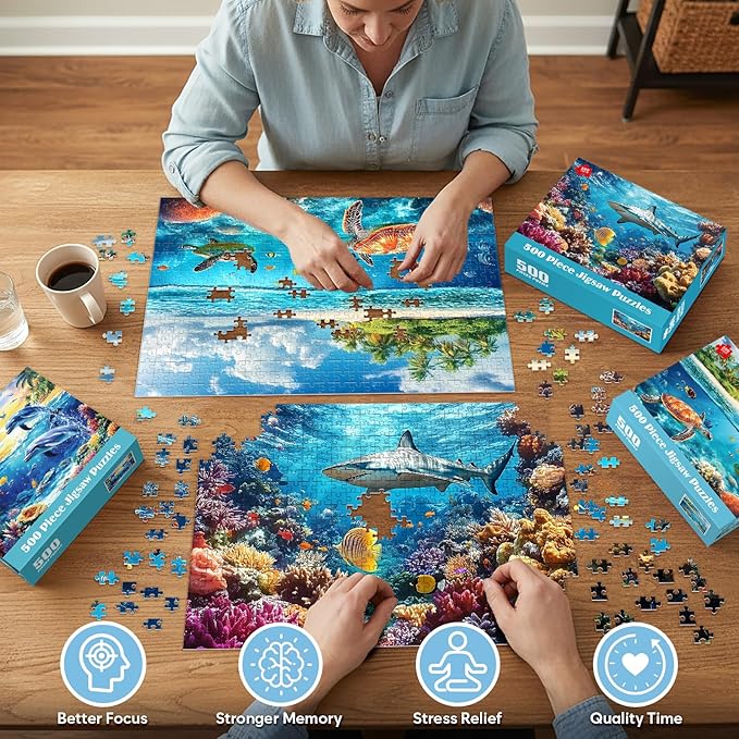 3 Pack Puzzles for Adults 500 Pieces, Sea Turtle Dolphins Sharks Puzzle 500 Piece, Challenging Ocean Jigsaw Puzzles with Letter on Back Poster, Gifts for Adults, Birthday & Game Night 20.5" x 15"