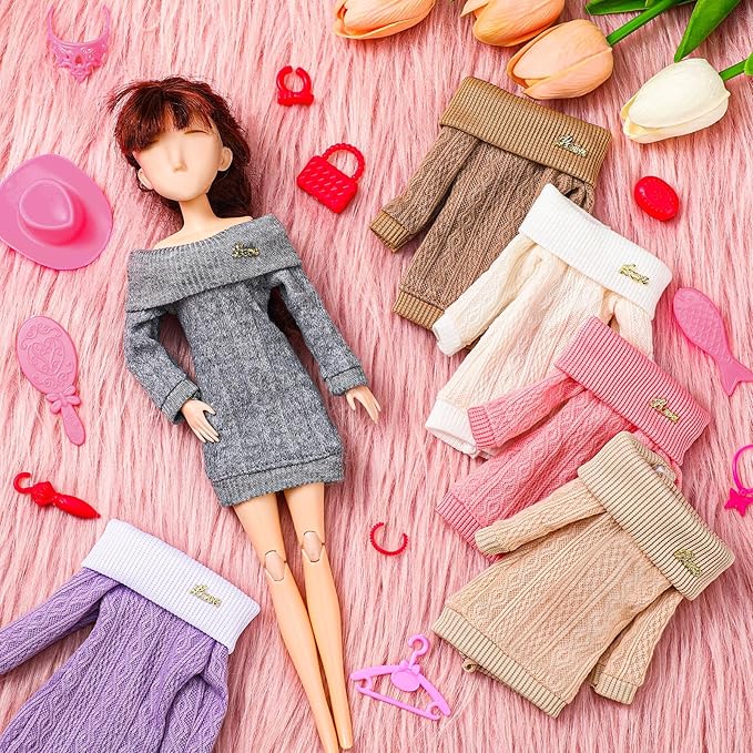 Fourluoo 6 Pcs Winter Doll Clothes 11.8 Inch Fashion Doll Sweater Outfits Sweet Accessories for Xmas Party Birthday Gifts(Grey, Dark Coffee, Light Coffee, Pink, White, Purple)