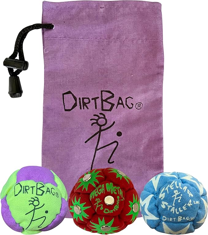 DIRTBAG All Star Footbag 3 Pack with Pouch, 100% Handmade, Premium Quality, Bright Vivid Colors, Signature Carry Bag