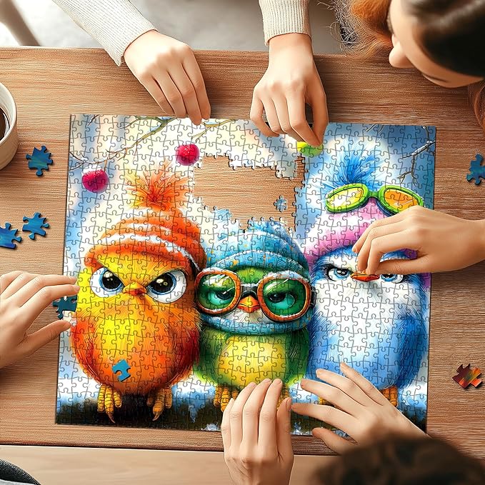 Whimsical Winter Birds 500 Piece Jigsaw Puzzle for Adults Cute Cartoon Colorful Owls in Hats Family Puzzles with Letters on Back Challenge Game Night Fun Gift (20"x20")