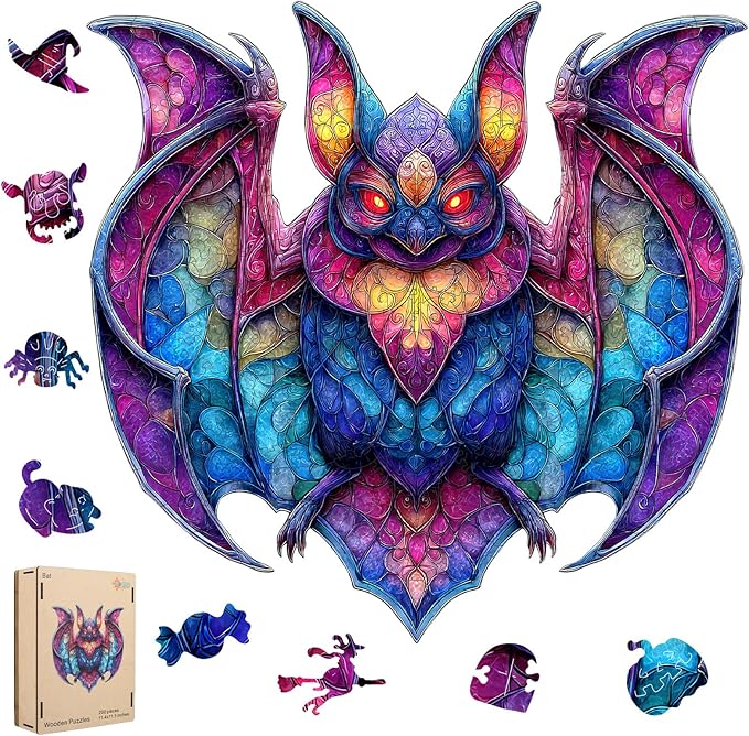 MEATRN Wooden Puzzles for Adults and Kids - Stained Glass Bat Wood Jigsaw Puzzle, Mystical Nocturnal Creature, Relaxing Family Game, Festival Decorative Gift, 503 Pcs, 16.7x16.3 in