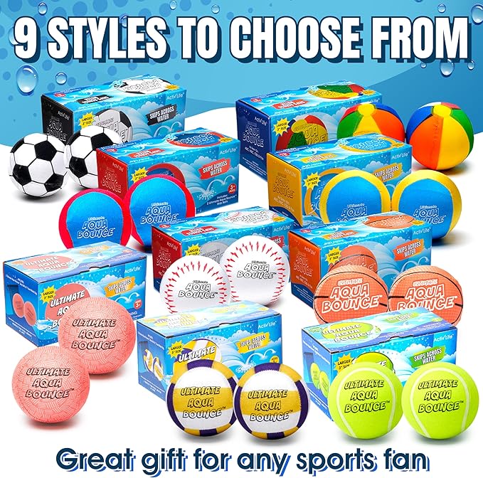 Activ Life Ultimate 2 Pack Larger 3” Water Skip Balls - Bouncing Balls for Swimming Pool & Beach Fun - Designs Include Baseball, Basketball, Volleyball, and Tennis for Kids, Friends, and Family