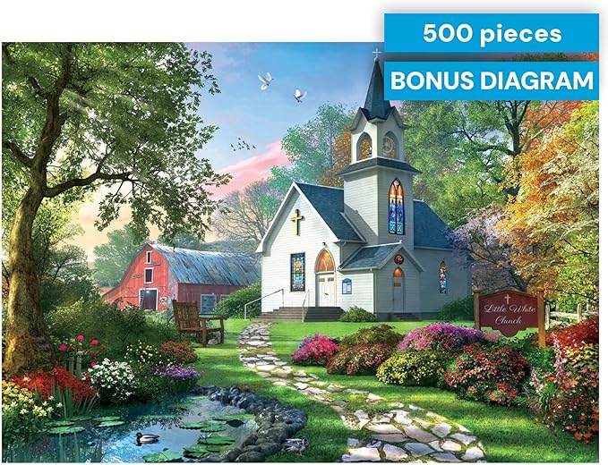 Buffalo Games – Little White Chapel Jigsaw Puzzle, 500 Piece Puzzle for Adults, Peaceful Church Landscape Art by Dominic Davison