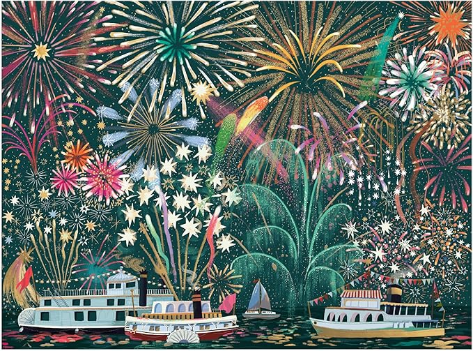 Galison Fireworks Jubilee – 1000 Piece Foil Jigsaw Puzzle Featuring Beautiful Artwork of Fireworks Overlooking Boats On The Water