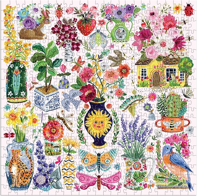 Galison Buzzy Bouquets – 500 Piece Jigsaw Puzzle Featuring Beautiful Artwork of Quirky Flower Vases and Buzzy Insects